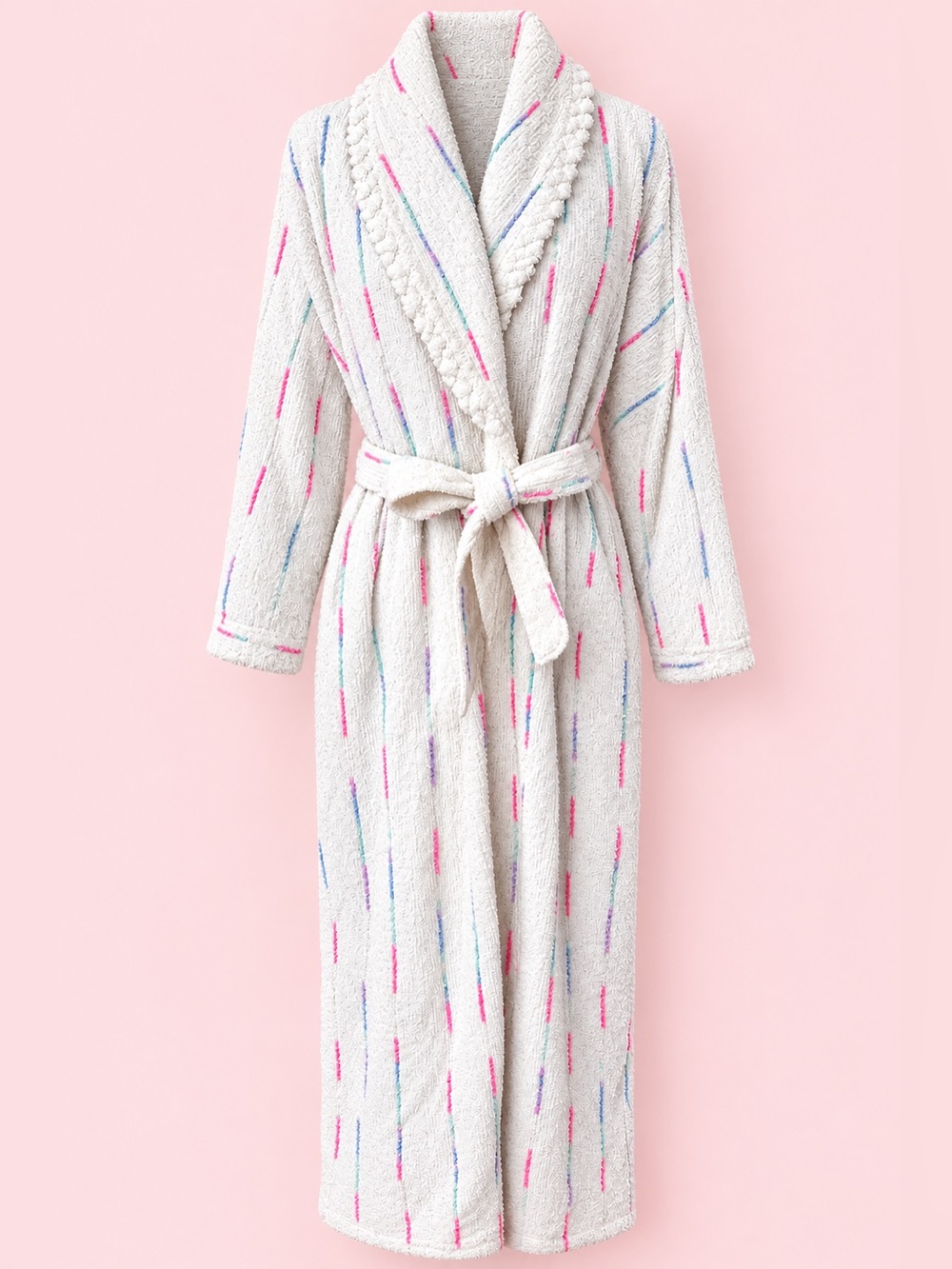 Vintage Herbcraft Made in USA White Chenille Pastel Stripe Cotton Robe Medium